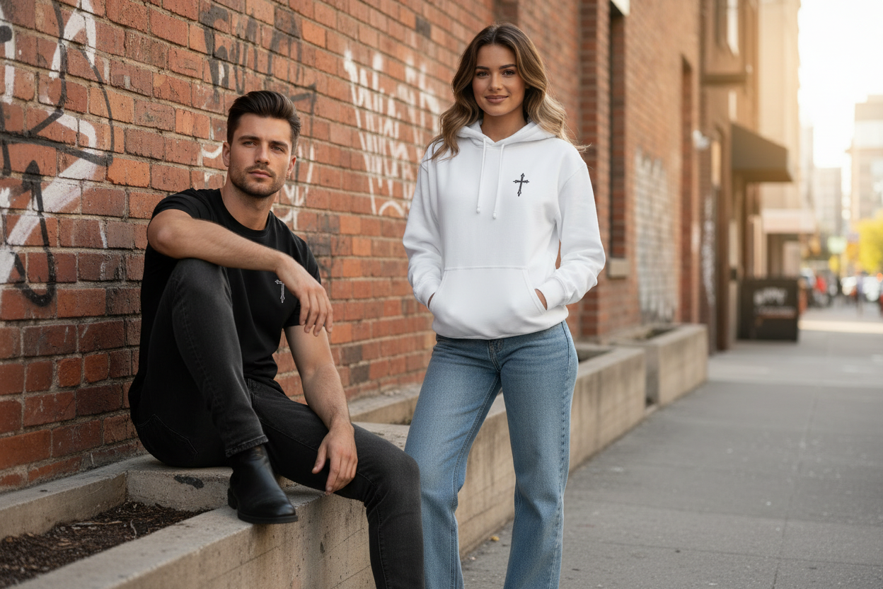 Close up urban shot of couple in Hollow clothing